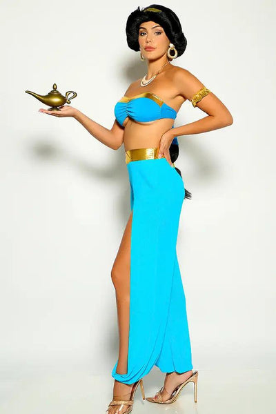 Gold Turquoise Bandeau Gold Trim 4 Piece Princess Jas Costume - AMIClubwear