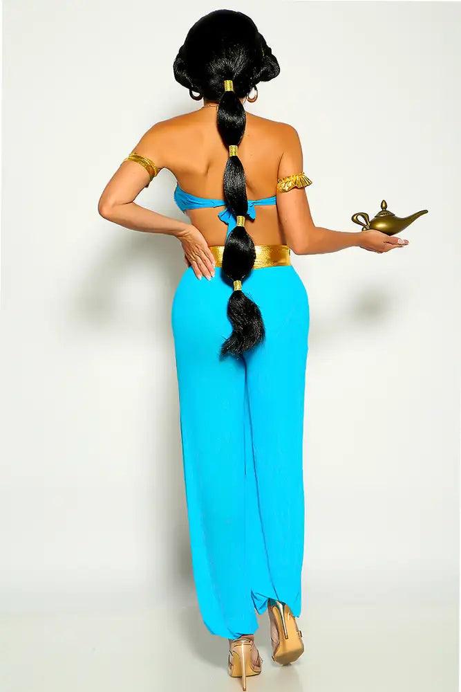 Gold Turquoise Embellished Rhinestone 4 Piece Princess Jas Costume - AMIClubwear