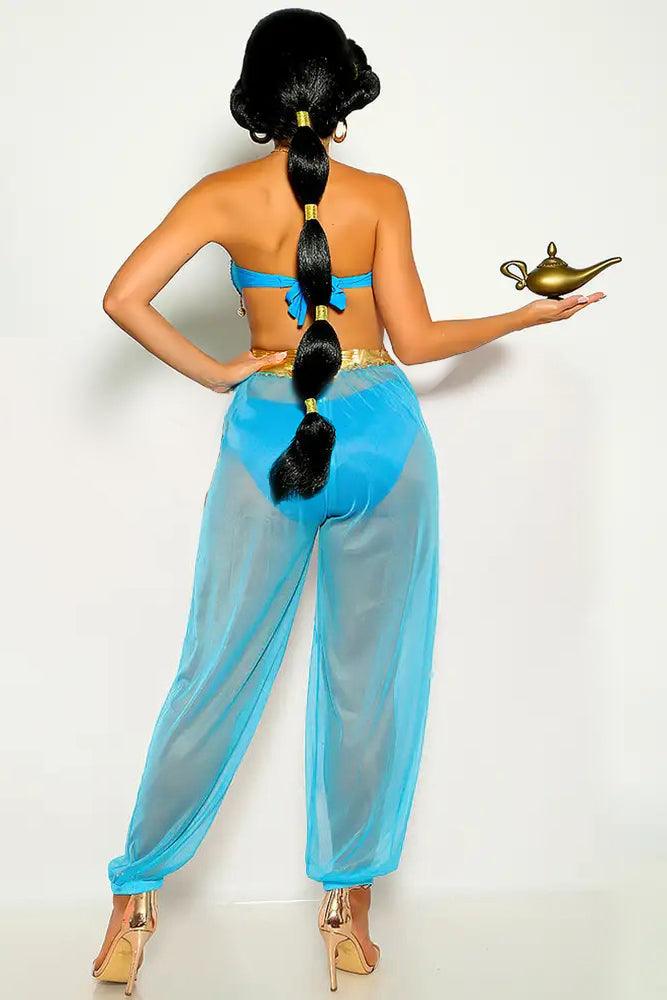 Gold Turquoise Strapless Fringe Three Piece Princess Jas Costume - AMIClubwear