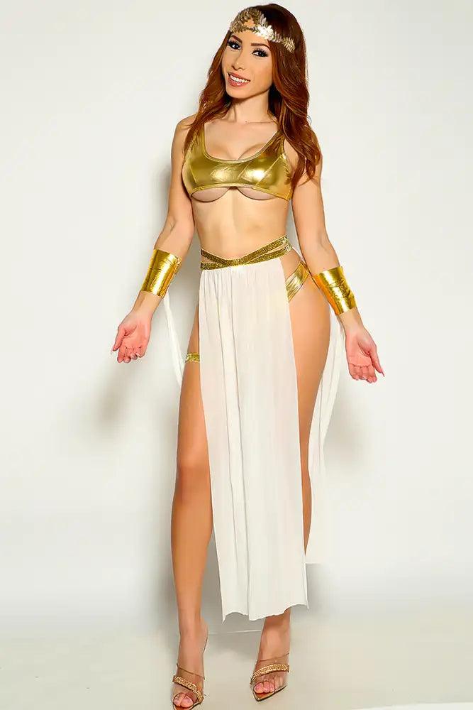 Gold White Metallic Cropped Goddess 5 Piece Costume - AMIClubwear