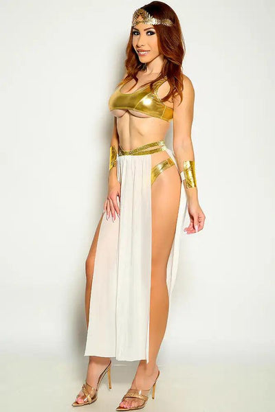 Gold White Metallic Cropped Goddess 5 Piece Costume - AMIClubwear