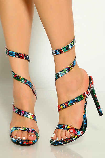 Graffiti Print Open Toe Wrap Around High Heels - AMIClubwear