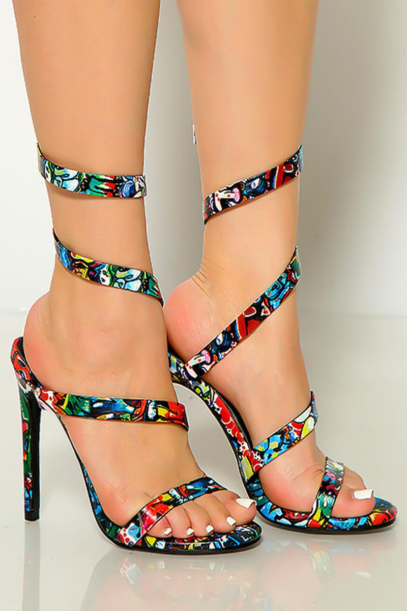 Graffiti Print Open Toe Wrap Around High Heels - AMIClubwear