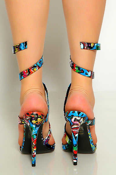 Graffiti Print Open Toe Wrap Around High Heels - AMIClubwear