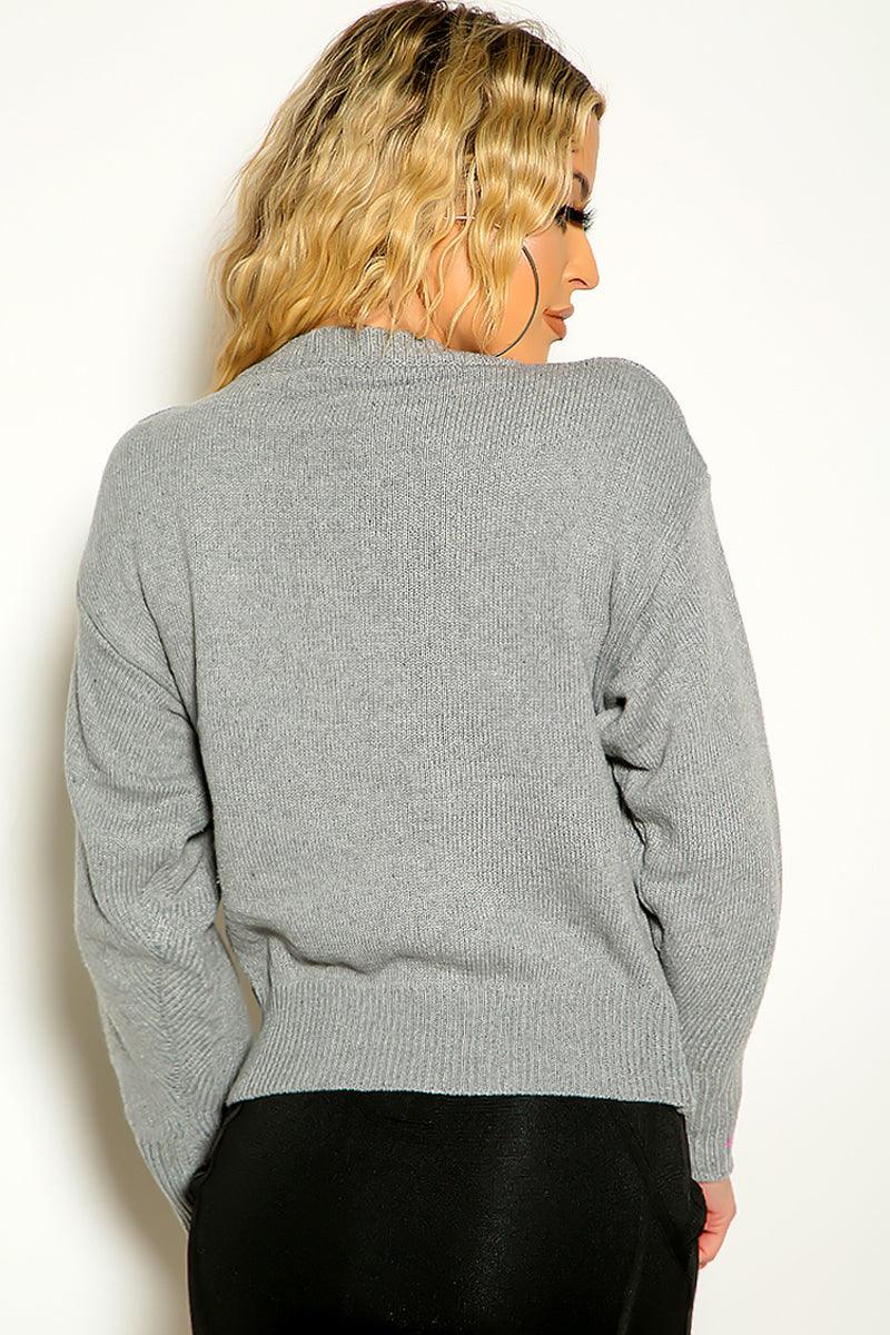Gray Long Sleeve Drawstring Knitted Sweater - AMIClubwear
