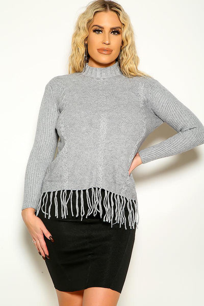 Gray Long Sleeve Turtleneck Fringe Hem Knitted Sweater - AMIClubwear