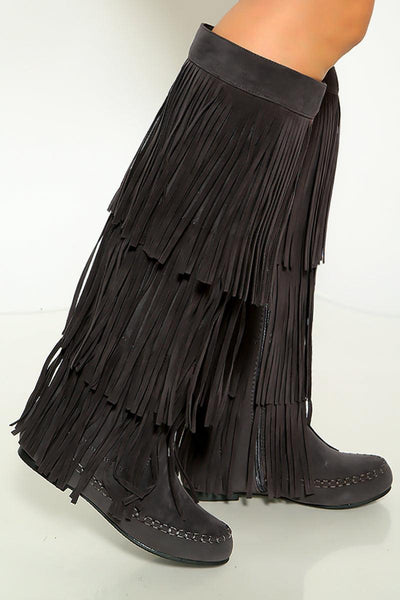 Gray Moccasin Fringe Knee High Suede Flat Boots - AMIClubwear