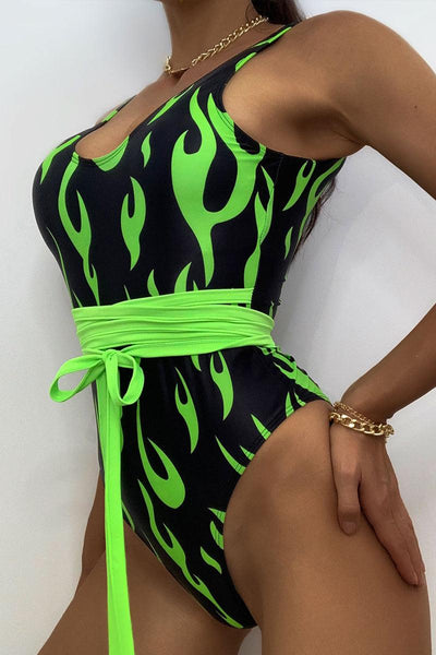 Green Black Flame Print Strappy Sexy One Piece Swimsuit - AMIClubwear