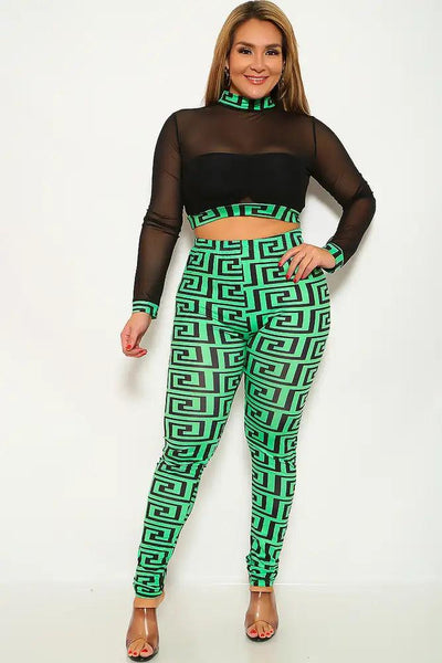 Green Black Geometric Print Plus Size Two Piece Outfit - AMIClubwear