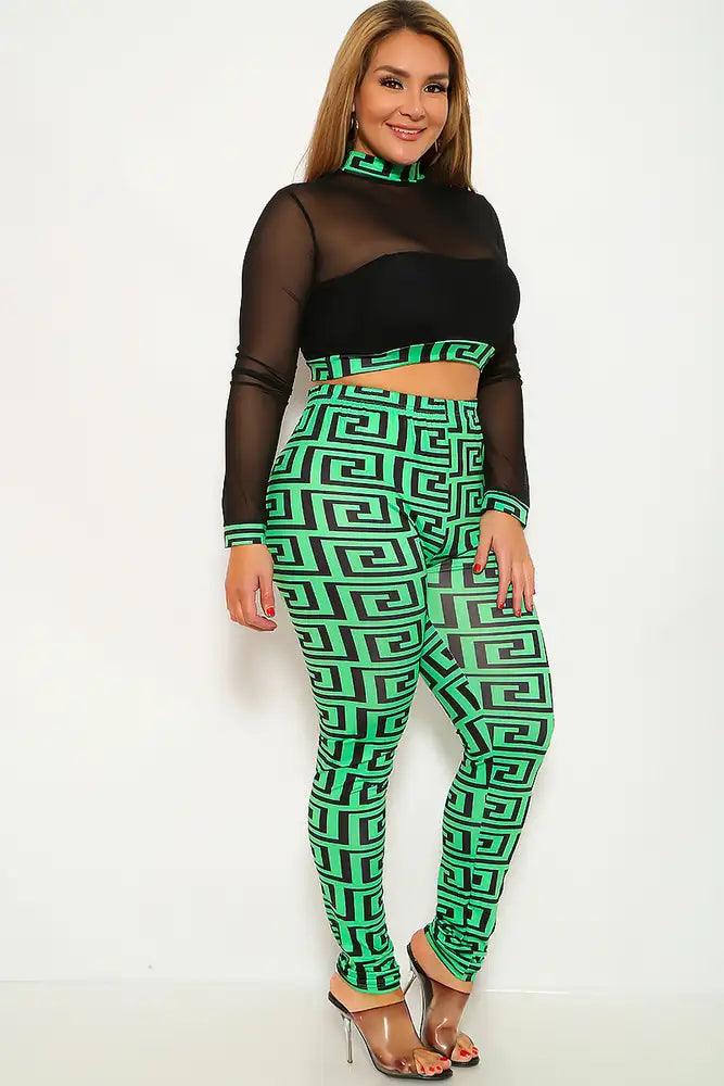 Green Black Geometric Print Plus Size Two Piece Outfit - AMIClubwear