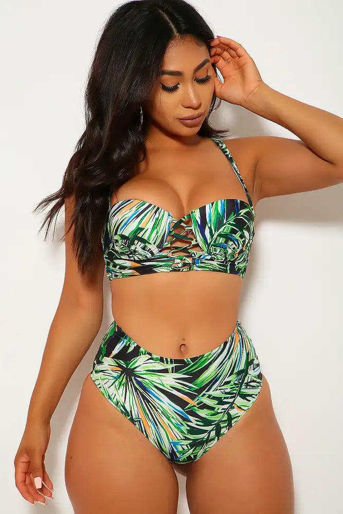 Green Black Leaf Print Strappy Two Piece Swimsuit - AMIClubwear