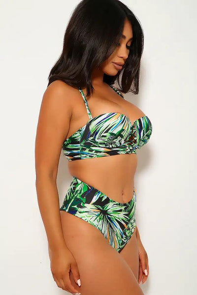 Green Black Leaf Print Strappy Two Piece Swimsuit - AMIClubwear