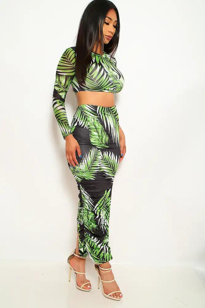 Green Black Leaf Print Two Piece Dress - AMIClubwear