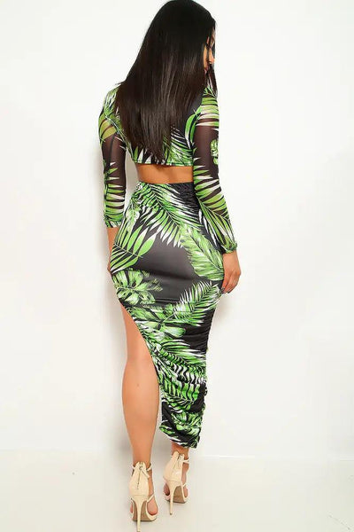 Green Black Leaf Print Two Piece Dress - AMIClubwear