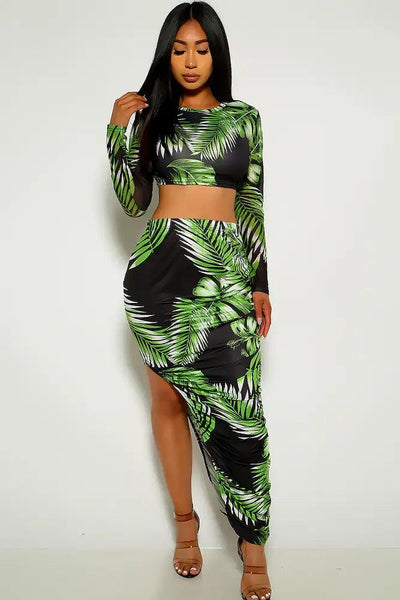 Green Black Leaf Print Two Piece Plus Size Dress - AMIClubwear