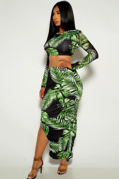 Green Black Leaf Print Two Piece Plus Size Dress - AMIClubwear