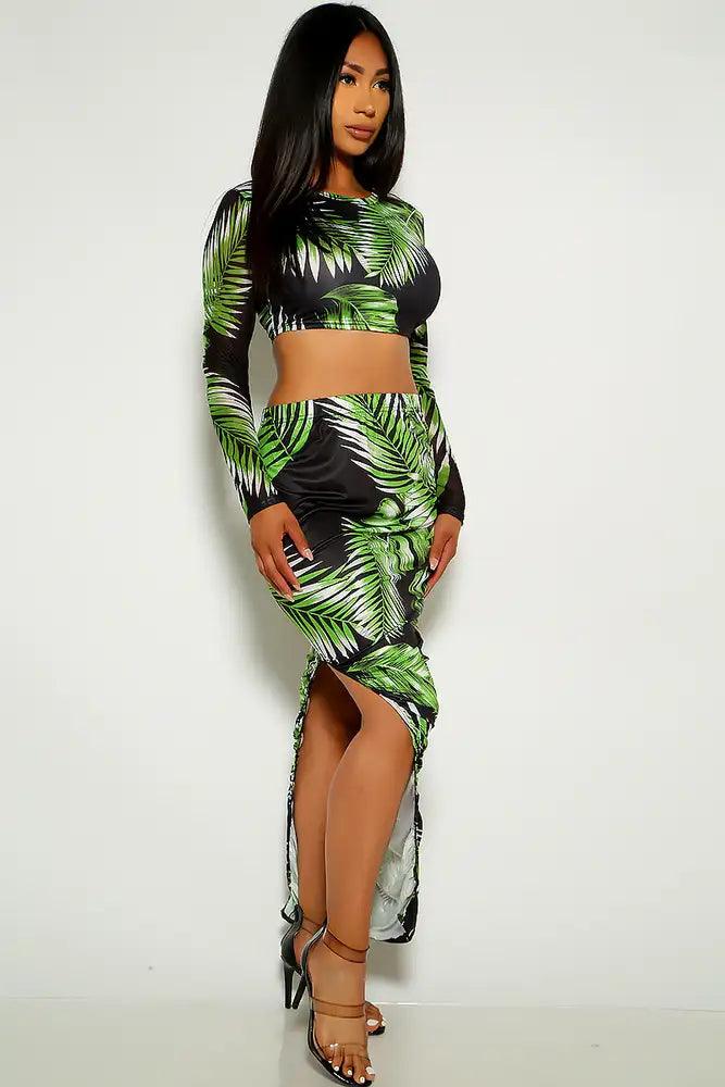 Green Black Leaf Print Two Piece Plus Size Dress - AMIClubwear