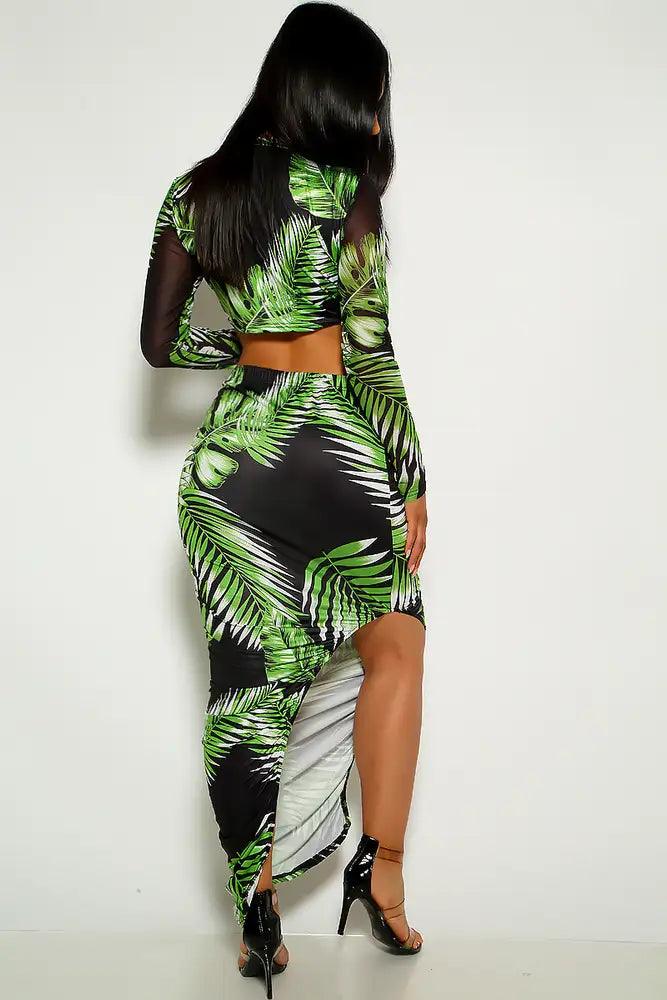 Green Black Leaf Print Two Piece Plus Size Dress - AMIClubwear