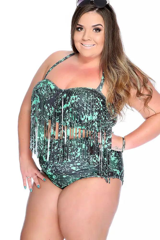 Green Black Splatter Print Fringe Halter High Waist Two Piece Swimsuit Plus - AMIClubwear