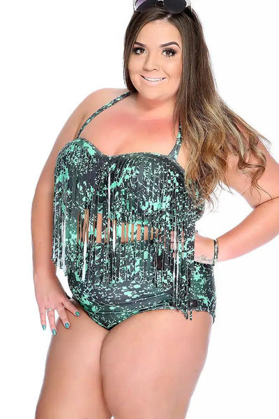 Green Black Splatter Print Fringe Halter High Waist Two Piece Swimsuit Plus - AMIClubwear