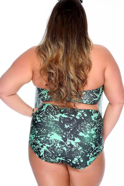 Green Black Splatter Print Fringe Halter High Waist Two Piece Swimsuit Plus - AMIClubwear