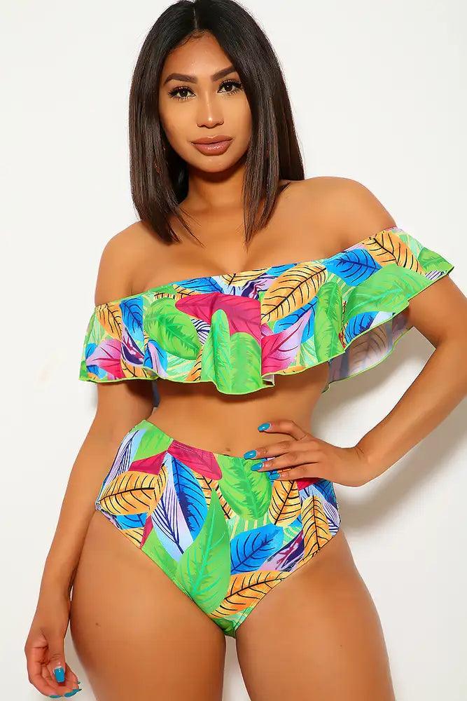 Green Blue Leaf Print High Waist Two Piece Swimsuit - AMIClubwear