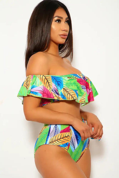 Green Blue Leaf Print High Waist Two Piece Swimsuit - AMIClubwear