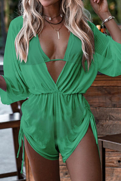 Green Cheeky Coverup Romper Three Piece Swimsuit - AMIClubwear