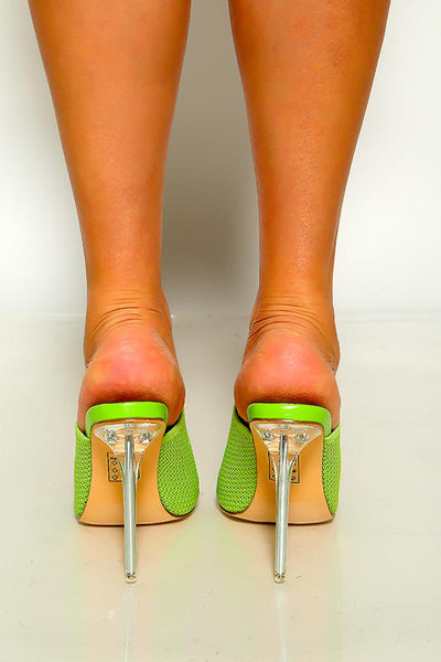 Green Clear Open Toe Fabric Slip On High Heel Mules - AMIClubwear