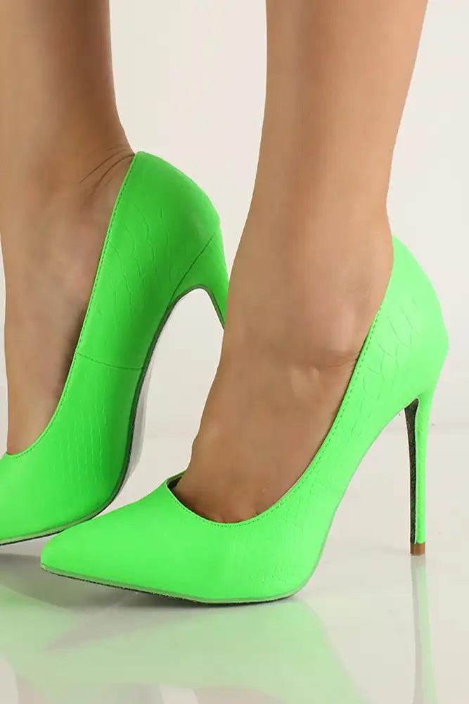 Green Croc Material Pointy Toe High Heel Pumps - AMIClubwear