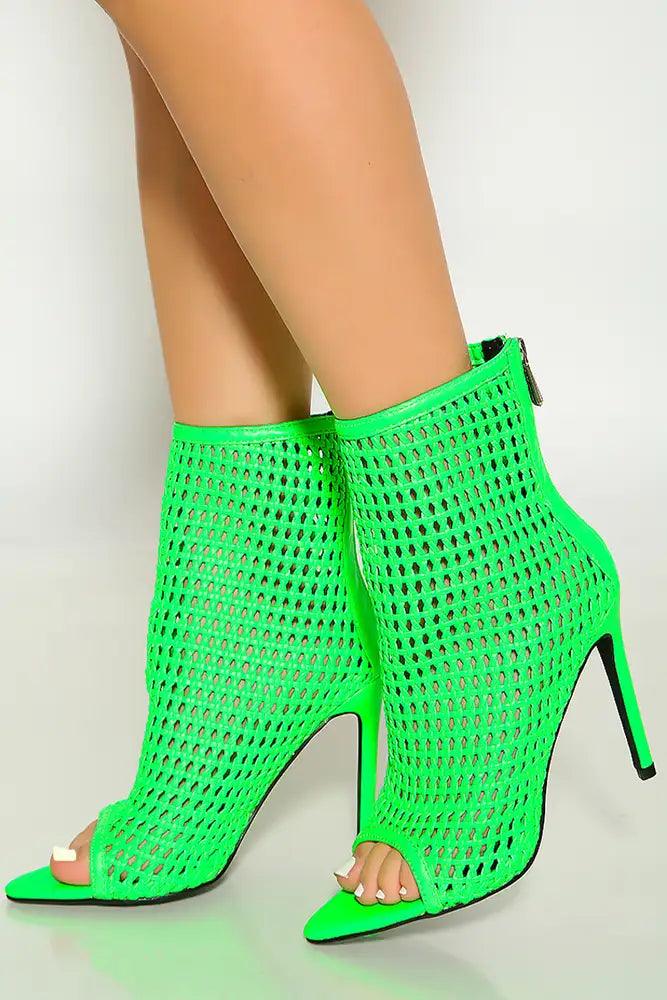 Green Faux Leather Woven Detail Open Toe High Heel Booties - AMIClubwear