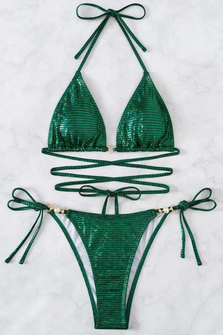 Green Faux Pearl Decor Tie Back 2 Pc Swimsuit