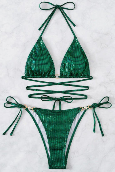 Green Faux Pearl Decor Tie Back 2 Pc Swimsuit - AMIClubwear