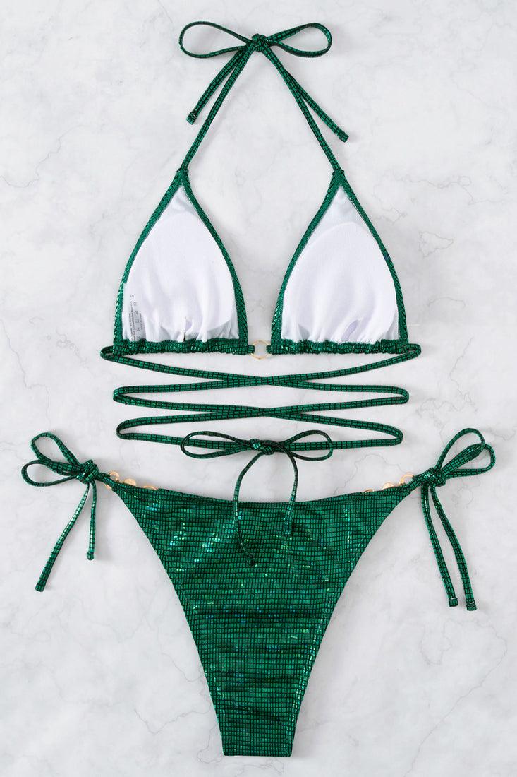 Green Faux Pearl Decor Tie Back 2 Pc Swimsuit - AMIClubwear