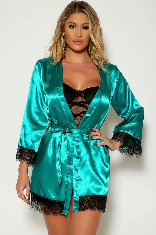 Green Faux Satin Eyelash Lace Belted Robe - AMIClubwear