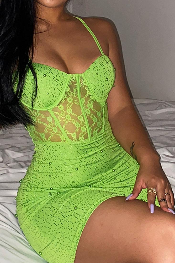 Green Fishbone Waist Beaded Lace Sexy Party Dress - AMIClubwear