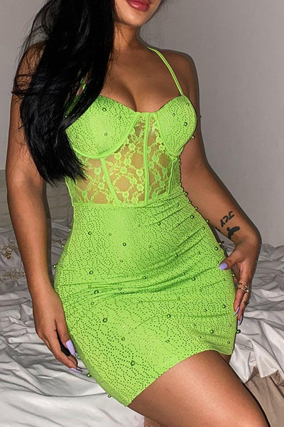 Green Fishbone Waist Beaded Lace Sexy Party Dress - AMIClubwear