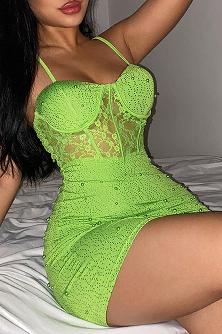 Green Fishbone Waist Beaded Lace Sexy Party Dress - AMIClubwear