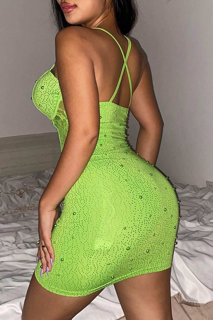 Green Fishbone Waist Beaded Lace Sexy Party Dress - AMIClubwear