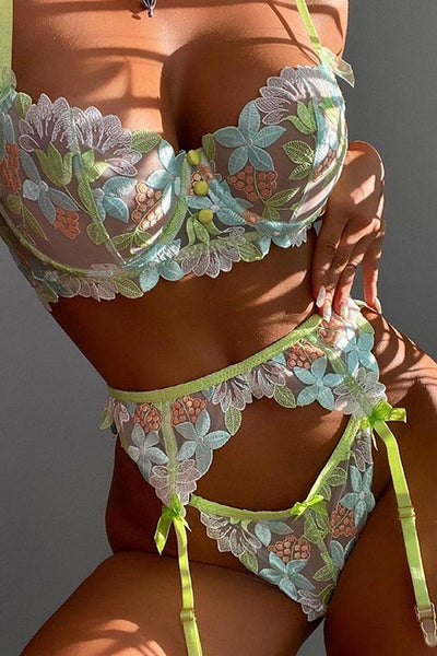 Green Floral Embroidered Mesh Underwire Sexy Lingerie 3 Pc Set - AMIClubwear