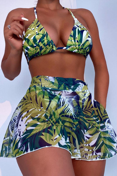 Green Floral Print Cheeky Three Piece Swimsuit - AMIClubwear