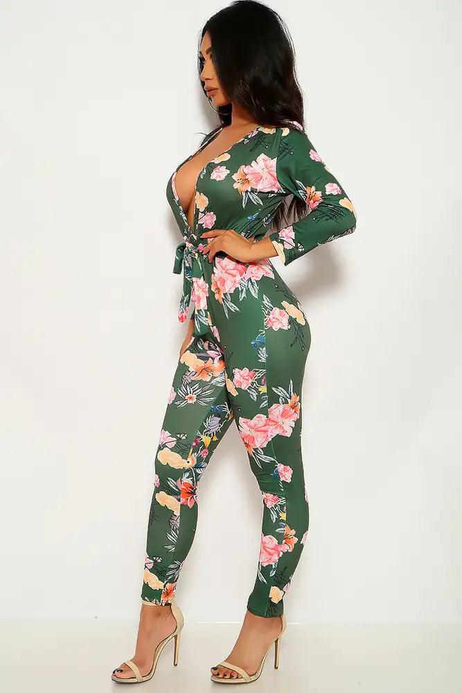 Green Floral Print Long Sleeve Jumpsuit - AMIClubwear
