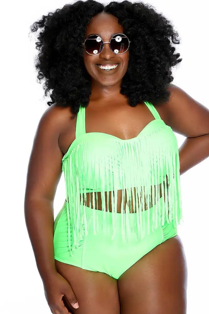 Green Fringe Halter Ruched High Waist Two Piece Swimsuit Plus - AMIClubwear