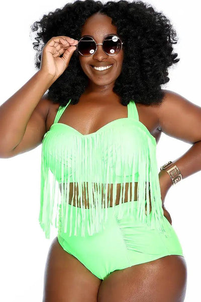 Green Fringe Halter Ruched High Waist Two Piece Swimsuit Plus - AMIClubwear