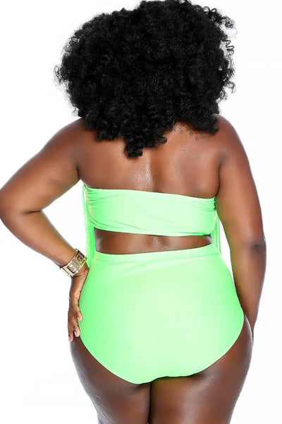 Green Fringe Halter Ruched High Waist Two Piece Swimsuit Plus - AMIClubwear