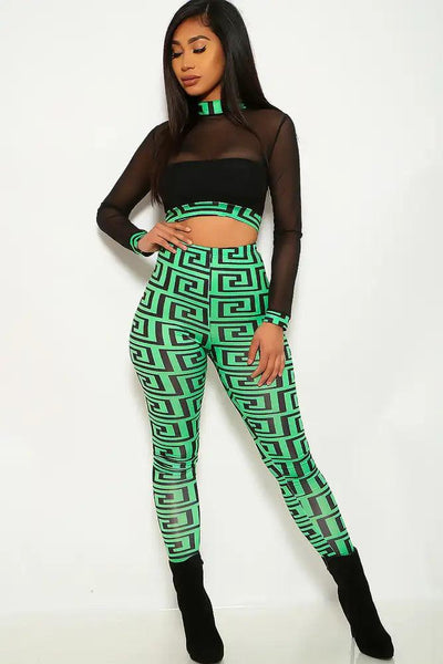 Green Geometric Print Two Piece Outfit - AMIClubwear
