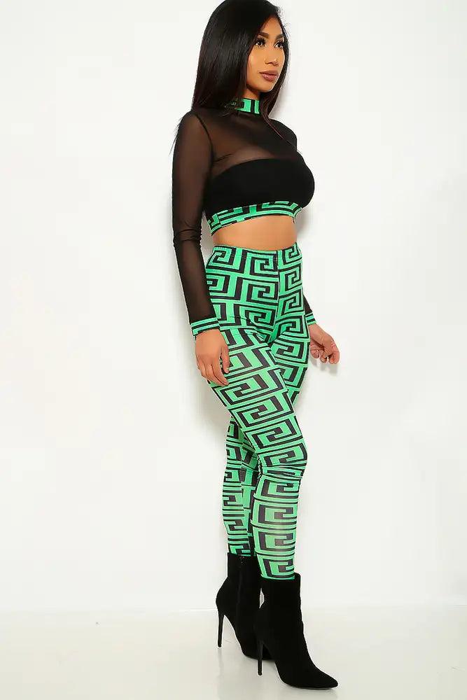 Green Geometric Print Two Piece Outfit - AMIClubwear