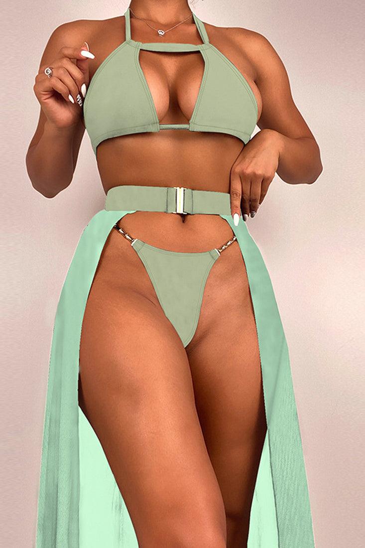Green Gold Chain Accent 3pc Sexy Swimsuit - AMIClubwear