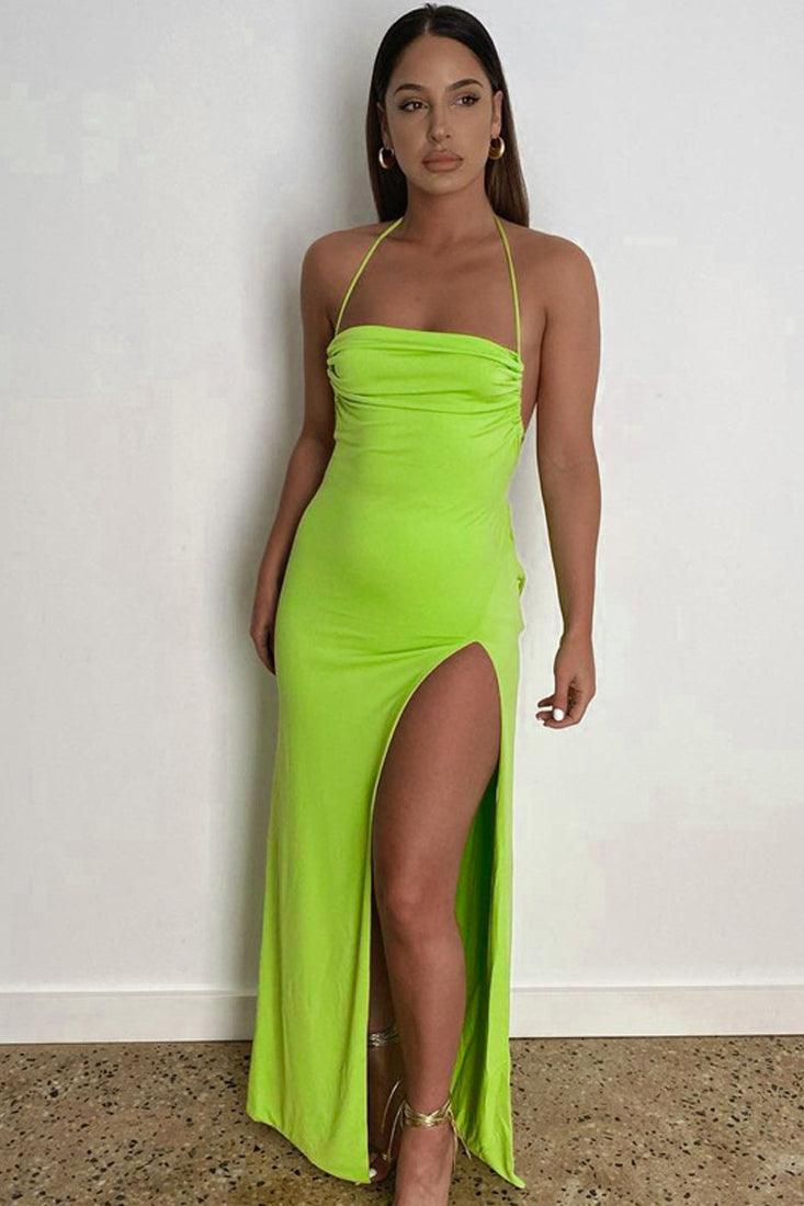 Green Halter Open Slit Maxi Party Dress - AMIClubwear