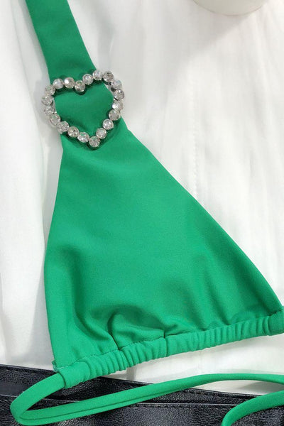 Green Halter Rhinestone Heart Detail Cheeky Two Piece Swimsuit - AMIClubwear
